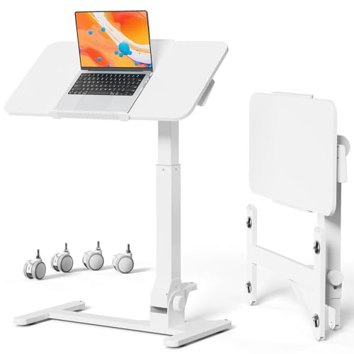 JOY worker Foldable Mobile Standing Desk on Wheels, 180° Tilt Bedside Table | Height Adjustable, 31.5" White MDF Board with Lips, Collapsible Top & Base for Storage, Rolling Laptop Desk for Home Hospital - color: White, size: Height 30.7"-43.5"