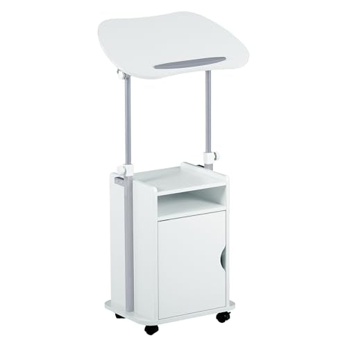 Techni Mobili Adjustable Laptop Cart w/Storage, Rolling Mobile Desk, White | Adjustable laptop cart with storage cabinet, shelf, locking wheels, sit‑stand height for home office, bedside, classroom - color: White