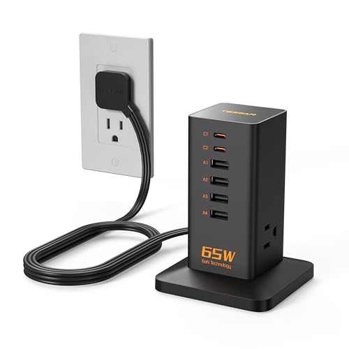 TESSAN 65W USB Charging Station for Multiple Devices 9-in-1 USB Charger | Desktop Accessories with 3 AC Outlet, 2 USB C, 4 USB A for iPhone 17/16/15, MacBook, Tablet, Home Drom Office, Black - color: Black-65W