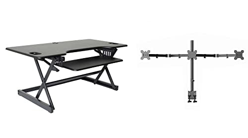 Rocelco 46" Large Height Adjustable Standing Desk Converter with Triple Monitor Mount BUNDLE - Quick Sit Stand Up Computer Workstation Riser - Retractable Keyboard Tray - Black (R DADRB-46-DM3) - color: Black, size: 46", style: Riser+Triple Mount