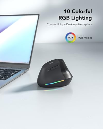 Wireless Ergonomic Mouse, Rechargeable Bluetooth Vertical Mouse for Laptop/Computer/Ipad/Mac, Quiet Click, 10 Color LED, 5 Adjustable DPI, Wrist Strain Relief, USB-A Optical Mice for M/L Hands, Black