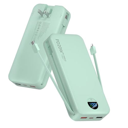 citicr Portable Charger 20000mAh PD20W w/Built-in Cables & Wall Plug Green | High capacity, Fast charging, Built-in wall plug, LED display, Charge 5 devices at once, Pass through charging, TSA approved - color: Green-20000mah