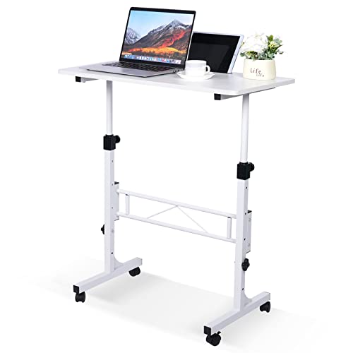 KLSMYHOKI Standing Desk Adjustable Height, Mobile Stand Up Desk with Wheels Small Computer Desk Rolling Desk, Portable Laptop Desk White Standing Table Home Office Desks 16"x31.5" Height 27"-43.5" - color: White