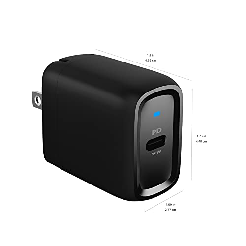 Amazon Basics 30W One-Port Foldable GaN USB-C Wall Charger with Power Delivery PD for Tablets & Phones (iPhone 16/15/14/13/12/11/X, iPad, Samsung, and More), Compact Travel Charger, Non-PPS, Black - color: Black, style: 30W (1 USB-C)