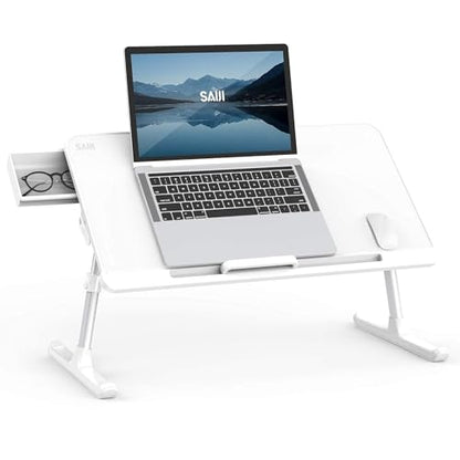 SAIJI Laptop Bed Tray Table, Adjustable PVC Leather Laptop Bed Table, Portable Standing Desk with Storage Drawer, Foldable Lap Tablet Table for Sofa Couch Floor (Large,White) | Fits 17" Laptop, Work From Home & Dorm Study, with Storage Drawer & PVC Leathe
