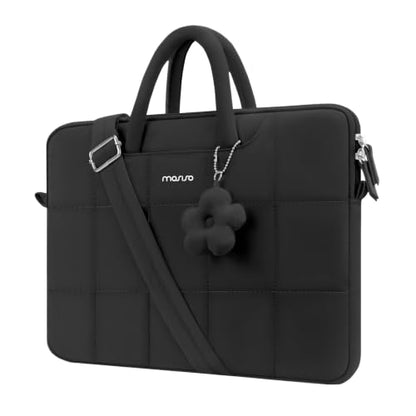MOSISO Laptop Bag 16 inch, 15-15.6 inch Puffy Laptop Sleeve Compatible with MacBook Pro 16/Air 15,HP Acer Dell Lenovo Notebook, Messenger Briefcase Quilted Bag with Trolley Sleeve&Flower Pendant,Black - color: Black