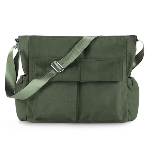 Canvas Messenger Bag Crossbody Shoulder Bag for Men Women Vintage Tote Laptop Bag Large Hobo Bag with Multiple Pockets - color: Army Green