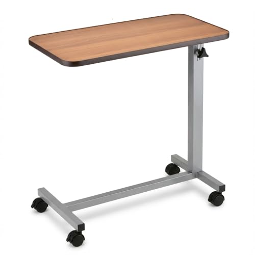 NOVA Overbed Table with Locking Swivel Wheels, Height Adjustable, Walnut Wood Grain Top, Heavy-Duty Steel Base, Easy Assembly, Bedside Laptop & Meal Table - style: Standard