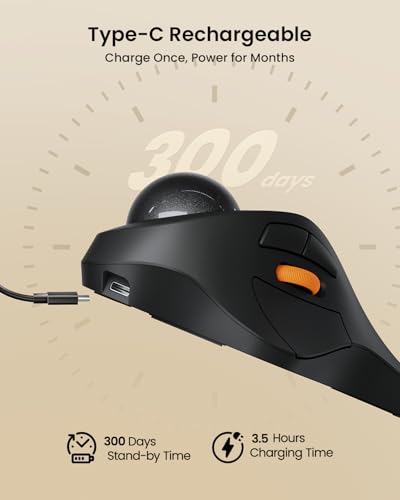 ProtoArc Wireless Bluetooth Trackball Mouse, EM03 NL Ergonomic Rollerball Mouse Rechargeable Computer Mice, 3 Device Connection, Compatible with PC, iPad, Mac, Windows-Gray Ball - color: Gray