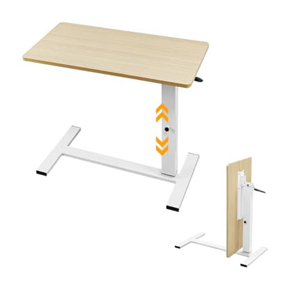 lumizone Foldable Overbed Table with Wheels Bedside Desk Natural Wood | Adjustable Height 27.56"-36.61" Rolling Hospital Bed Table with Casters Medical Tray for Home Use Desk Over the Bed - color: Natural Wood