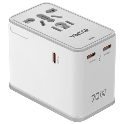 VINTAR 70W GaN Universal Travel Adapter, 5 in 1 with 3 USB-C PD& 1 USB-A QC | International Power Adapter with 70W GaN Fast Charging, All-in-one for EU UK USA AUS, Worldwide Travel Essentials, White - color: 70W White2