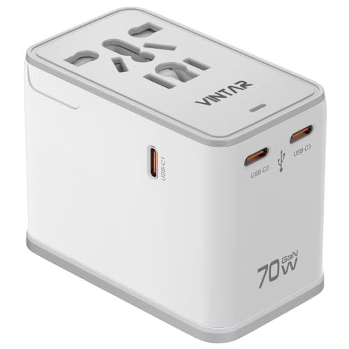 VINTAR 70W GaN Universal Travel Adapter, 5 in 1 with 3 USB-C PD& 1 USB-A QC | International Power Adapter with 70W GaN Fast Charging, All-in-one for EU UK USA AUS, Worldwide Travel Essentials, White - color: 70W White2