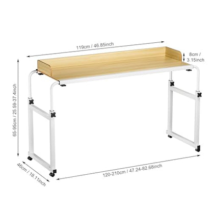 Adjustable Height Overbed Table, Rolling Overbed Bedside Desk with Raised Baffle and Spacious Desktop, Over BedTable with Wheels for Home Office Bedroom Hospital Use (Wooden Color1) - color: Wooden Color1