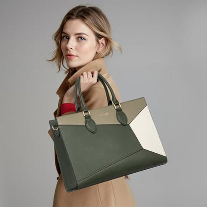 LOVEVOOK Laptop Bag for Women,15.6 lnch Waterproof Lightweight Leather Tote Bag,Professional Business Office Work Bags with Clutch Purse,Large Capacity Computer Shoulder Handbag,Army-Grey-White - color: Army Green - Grass Grey Green - Beige White(leather)