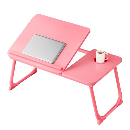 Adjustable Laptop Desk for Bed with 5 Angles | Lap Tray Table with Cup Holder, Portable Foldable Bed Desk for Eating, Working, Writing & Reading (Pink) - color: Pink