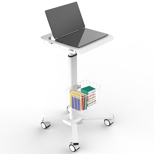 Adjustable Height Portable Laptop Desk with Wheels,White Computer Cart on Wheels,Standing Mobile Desk Workstation, Utility Medical Cart
