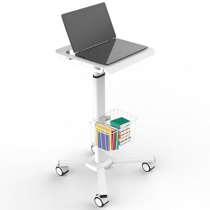 Adjustable Height Portable Laptop Desk with Wheels,White Computer Cart on Wheels,Standing Mobile Desk Workstation, Utility Medical Cart