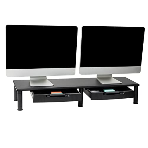 Mind Reader Dual Monitor Stand, Height Adjustable, Desktop Organizer, Laptop Riser, Office, 38.5"L x 11"W x 2.55-6.5"H, Black - size: 1 Tier with Drawer