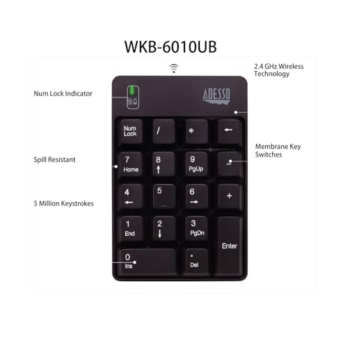 Adesso WKB-6010UB - Wireless Spill Resistant 18-Key Numeric Keypad Number Pad, Black