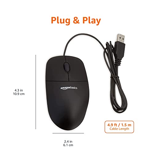 Amazon Basics 3-Button USB Wired Mouse with Responsive Tracking, Plug & Play, Compatible with Windows and Mac, Black - size: 1-Pack