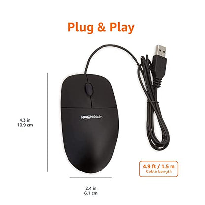 Amazon Basics 3-Button USB Wired Mouse with Responsive Tracking, Plug & Play, Compatible with Windows and Mac, Black - size: 1-Pack