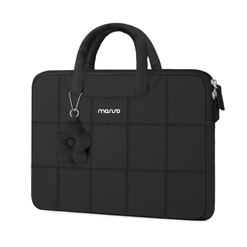 MOSISO Laptop Case 14 inch,14 inch Puffy Laptop Sleeve Compatible with HP Lenovo Dell ASUS Acer/HP Stream/Dell Latitude/Lenovo IdeaPad, Rectangle Quilted Bag with Handle&Flower Pendant, Black - color: Black, size: 14 inch