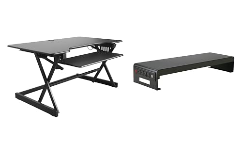 Rocelco 40" Height Adjustable Standing Desk Converter with AC Outlet USB Charger and Dual Monitor Stand - Tabletop Riser Computer Workstation - Sliding Keyboard Tray - Black (R DADRB-40-ACUSB-DMS) - color: Black Acusb, size: 40", style: Riser+Monitor Stan