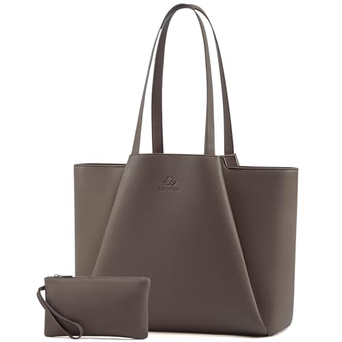 LOVEVOOK Laptop Tote for Women - 15.6 Inch Faux Leather Laptop Bag with Clutch, Large Capacity Office Purse Computer - color: Dark Khaki, size: 15.6 inch