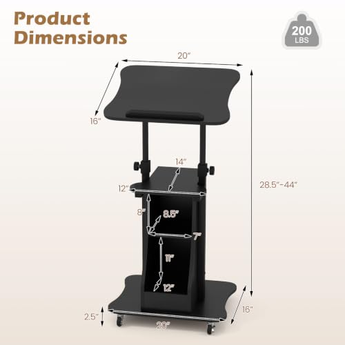 Tangkula Mobile Lectern Podium Set of 2, Height Adjustable Podium Stand, Standing Sit-to-Stand Desk, Rolling Cart Laptop Desk with Swivel Top Movable Wheels & Storage - color: Black, size: 20" x 16" x 44"