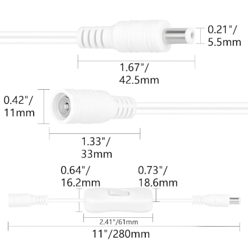 Gebildet 5pcs 12V LED Strip Light Inline On/Off Switch Cable DC Jack (5.5x2.1mm) Male to Female Connector(White) - style: DC switch(white)