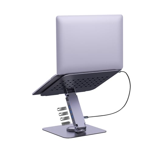 EJAY Foldable Laptop Stand with 4-Port (3A1C) Hub for MacBook Pro, | Ergonomic Aluminum | 360° Swivel Holder | Multi-Port Docking Station | Desk