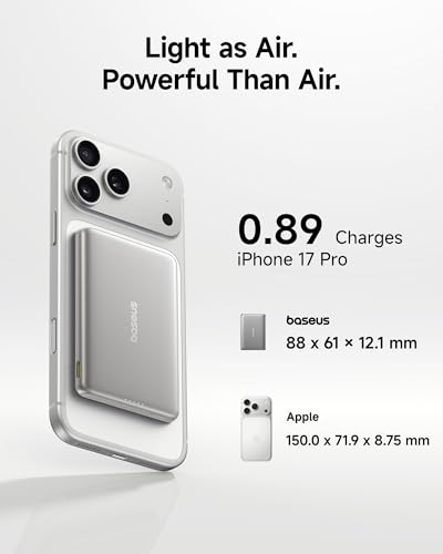Baseus Picogo Power Bank, Smallest 5,000mAh Magnetic Wireless Charger with USB-C Braided Cable, Fast Charging Portable Battery Pack, NTC Safety Alloy Travel Essential for iPhone 17 Pro Max/17 Air/17e - color: Natural Titanium