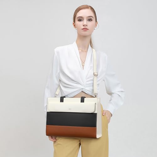Keyli 3pcs Laptop Bag for Women 15.6 Inch Leather Work Tote Bags Professional Business Office Computer Shoulder Briefcase - color: Sets-black-white-brown