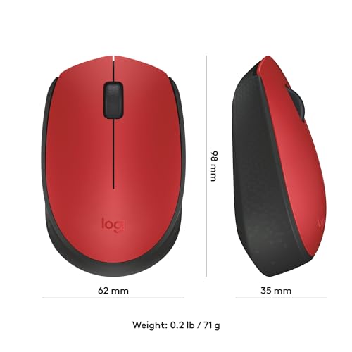 Logitech M170 Compact Ambidextrous 2.4 GHz Wireless Mouse - Red | Ambidextrous mouse with 2.4 GHz USB-A Nano Receiver, Optical Tracking, 12-Months Battery Life, PC, Mac, Laptop compatible - color: Red