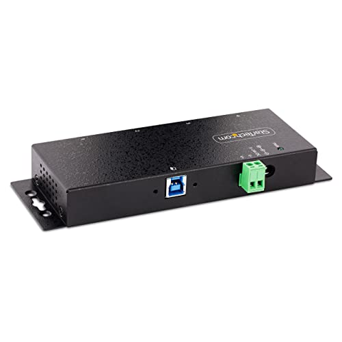 StarTech 4-Port Industrial USB 3.0 Hub 5Gbps, TAA (5G4AINDNP-USB-A-HUB) | 4x USB-A ports, ESD protection, DIN wall and desk mountable, Locking ports, Terminal block 5-24V DC