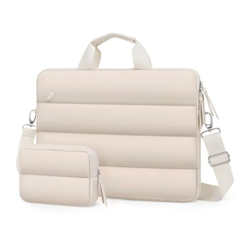 MOSISO 360 Protective Puffy Laptop Shoulder Bag,15-16 inch Computer Bags | Compatible with MacBook Pro 16/Air 15, HP Dell Lenovo Asus, Messenger Bag with Trolley Sleeve&Horizontal Pocket&Handle, Sand