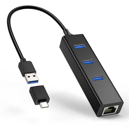 USB-C to Ethernet Adapter, 3-Port USB 3.0 Hub with Gigabit Ethernet, Aluminum USB to RJ45 LAN Network Converter 10/100/1000 Mbps for MacBook, Laptop