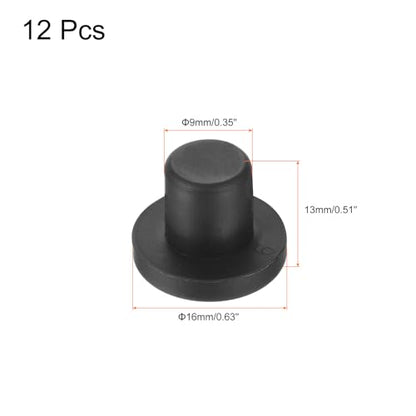uxcell High Temp Silicone Plug Mount Dia 9mm/0.35 inch t Shaped Rubber Stopper Hole Plugs for Powder Coating Plating Waterproof Plugs Sealing Plugs Black Pack of 12(OD 16mm) - size: 9x16mm
