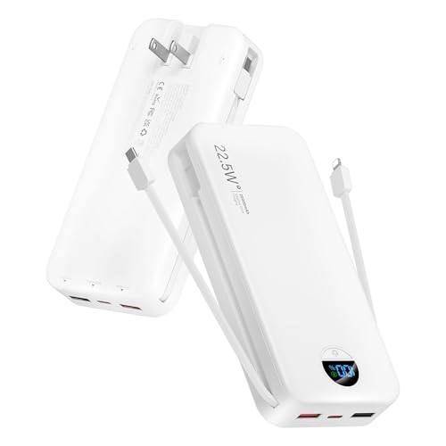 citicr Portable Charger 20000mAh PD20W w/Built-in Cables & Wall Plug White | High capacity, Fast charging, Built-in wall plug, LED display, Charge 5 devices at once, Pass through charging, TSA approved - color: White-20000mah