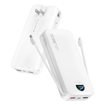 citicr Portable Charger 20000mAh PD20W w/Built-in Cables & Wall Plug White | High capacity, Fast charging, Built-in wall plug, LED display, Charge 5 devices at once, Pass through charging, TSA approved - color: White-20000mah