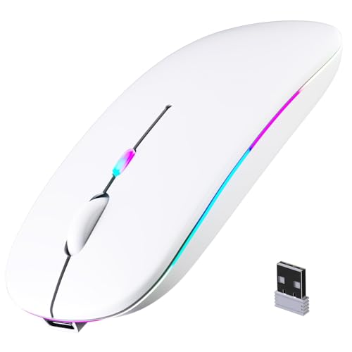 Wireless Bluetooth Mouse, Rechargeable, LED, Silent, Ultra-thin Design (Bluetooth 5.2 and 2.4GHz USB Receiver) | Portable Computer Mouse for Laptops, iPads, MacBooks and Apple Devices (white) - color: white