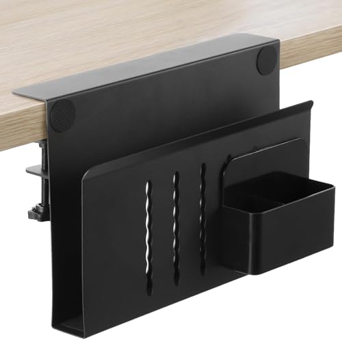 Desk Side Storage, No Drill Laptop Holder with Magnetic Pen Organizer, Clamp On Under Desk Mount for Home Office, Fits Flat Edge Tables 0.3" to 2.8"