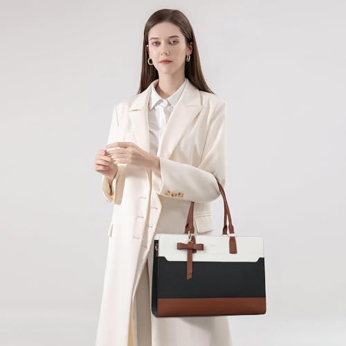 Keyli 3pcs Laptop Bag for Women 15.6 Inch Leather Work Tote Bags Professional Business Office Computer Shoulder Briefcase - color: 3pcs-black-white-brown