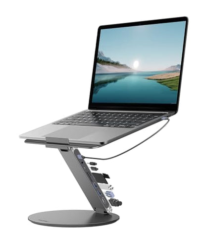 KU XIU Adjustable Laptop Stand with 8 in 1 USB C Hub, Foldable Portable Computer Notebook Stand with 360° Rotating Base, Riser Holder Mount for All 10-17" Laptops (Gray) - color: Gray