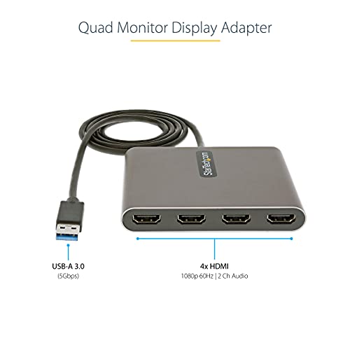 StarTech USB-A 3.0 to Quad HDMI Adapter, 1080p60, Windows, TAA (USB32HD4) | Quad HDMI 1080p 60Hz, Four monitors, Mirrored/Extended Mode, Bus powered, Windows Driver Required, X86/X64/ARM only - style: USB-A