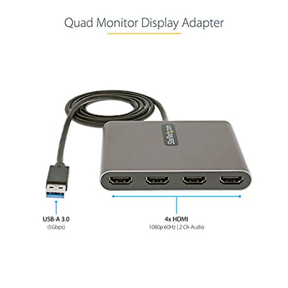 StarTech USB-A 3.0 to Quad HDMI Adapter, 1080p60, Windows, TAA (USB32HD4) | Quad HDMI 1080p 60Hz, Four monitors, Mirrored/Extended Mode, Bus powered, Windows Driver Required, X86/X64/ARM only - style: USB-A