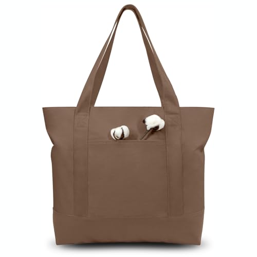 TOPDesign 1-Pack Canvas Tote Bag with an External Pocket, Reusable Grocery Shopping Bag, Top Zipper Closure, Daily Essentials (Brown) - color: Brown