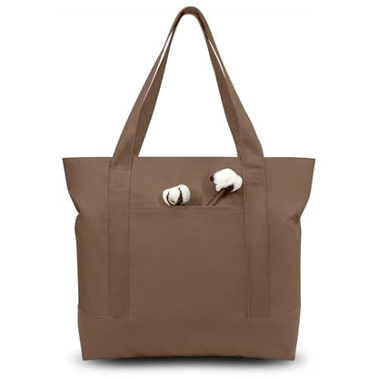TOPDesign 1-Pack Canvas Tote Bag with an External Pocket, Reusable Grocery Shopping Bag, Top Zipper Closure, Daily Essentials (Brown) - color: Brown