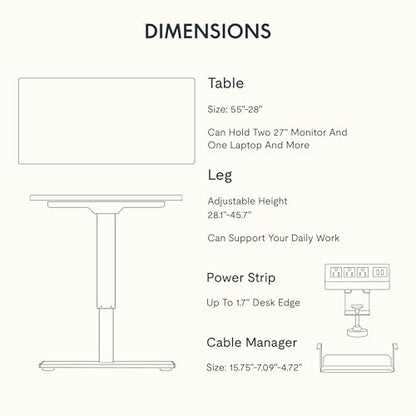 FLEXISPOT EN2 55"x28" Whole-Piece Standing Desk with Power Strip, White | Whole-Piece Desktop, Easy-Access Clamp Power Strip, Organized Cable Management, Modern Home Office Setup - color: White Top + White Frame, size: 55x28"