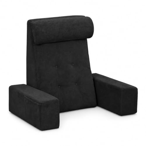 Reading Pillow for Sitting Up in Bed Backrest Pillow with Armrests, Headrest and Side Pockets Dual Layer Back Support for Bed and Sofa Ideal for Adults Watching TV, Gaming, Recovery Black - color: Black